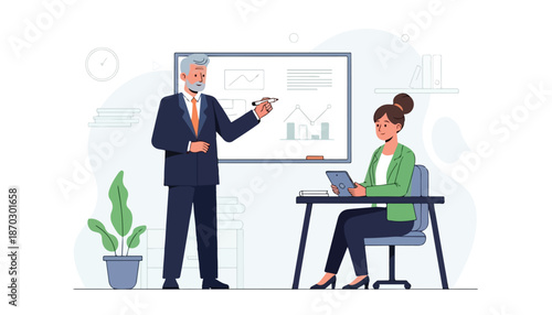 An older male mentor in a suit presents data on a whiteboard to a young female intern or student in an office setting.
