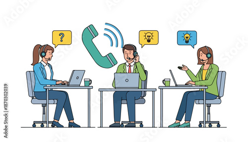 Three customer service representatives working in a call center with headsets and laptops, providing support to clients.