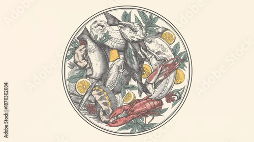 An intricate circular illustration of a seafood platter featuring various fish, shellfish, and crustaceans, garnished with lemon and herbs on a light background.