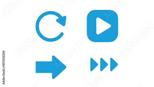 Media control icons in blue color with play and rewind symbols on white background for user interface design