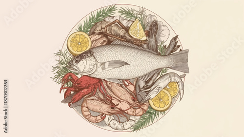 A detailed illustration of a seafood platter with a whole fish, crabs, shrimp, lemon, and herbs arranged circularly.