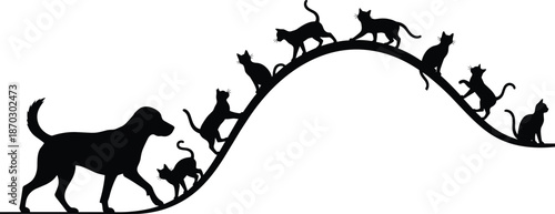 Dog and cats silhouette illustration on curved path showing harmony friendship pet relationship playful animal concept vector design