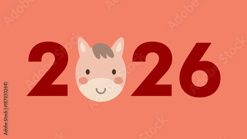 2026 Year of the Horse Typography with Cute Cartoon Face as Zero, Pastel Peach Background for Chinese New Year Vector