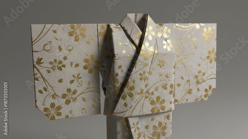 Still life 3D origami kimono with traditional floral textures