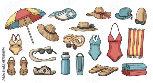 Colorful collection of hand-drawn summer beach essentials including swimsuits, hats, sunglasses, towels, and a beach umbrella.