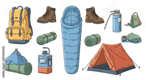 Collection of colorful cartoon-style camping and hiking equipment, featuring a backpack, tent, sleeping bag, and hiking boots.