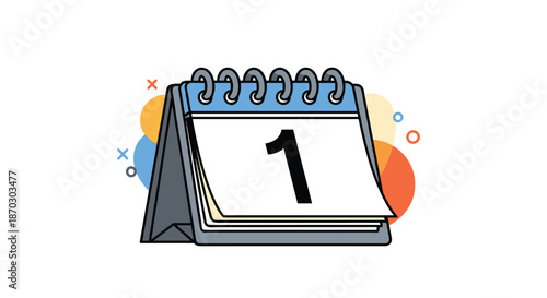 Bright and colorful cartoon illustration of a flip-top desk calendar showing the number one, with abstract shapes in the background.