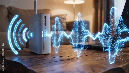 Modern Router with Wireless Signal - A modern, white router sits on a wooden table, emitting a digital representation of a strong wireless signal.