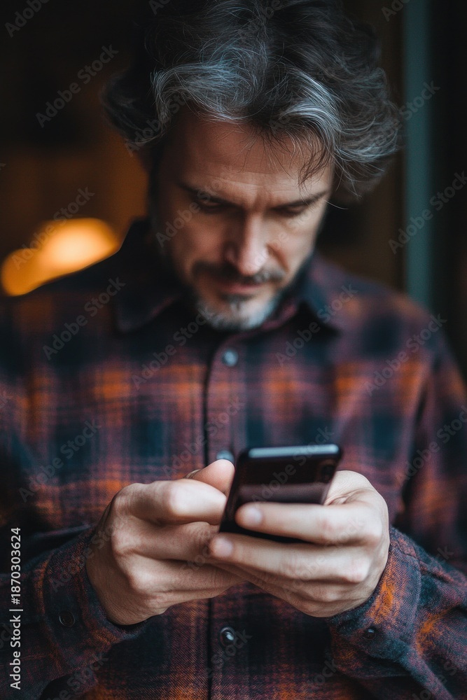 Fototapeta premium adult with gray hair in a plaid flannel shirt intently using a smartphone indoors with warm moody lighting, focused and absorbed