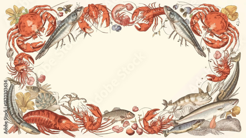An ornate oval frame illustration made from various seafood, including crabs, lobsters, fish, and shrimp, on a light background.