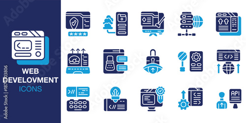 Web Development Icon set. Containing frontend, backend, fullstack, html, css, javascript, framework and more. Solid vector icons collection. Vector illustration.