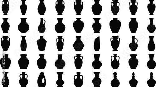 Black ceramic vase silhouettes vector set, antique pottery and amphora shapes collection, decorative vessel icons isolated on white background illustration