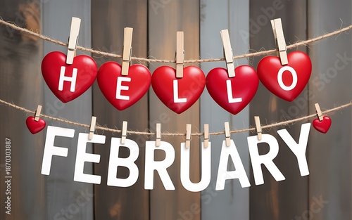 Hello, February greeting with red hearts on a rope.