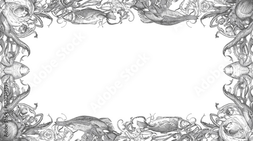 Intricate grayscale illustration of an underwater marine life frame with fish, tentacles, and coral-like elements surrounding a blank center.