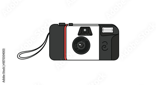 Clean and simple illustration of a disposable film camera in black, white, and red, complete with a flash and wrist strap.