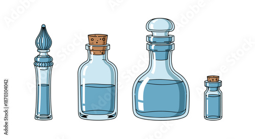 Set of four different clear glass potion bottles, some with corks and glass stoppers, containing a light blue liquid inside.