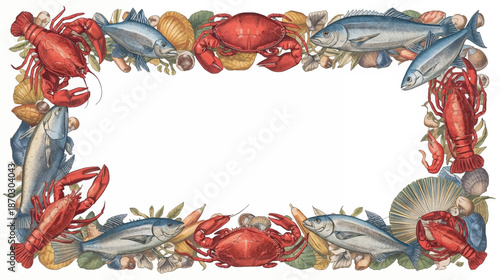 A decorative rectangular border frame made from various types of seafood including red lobsters, crabs, blue fish, and assorted seashells.