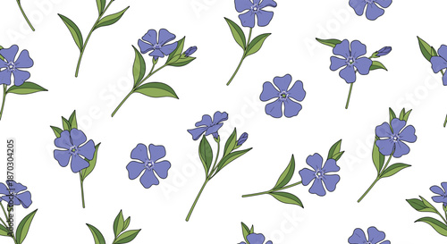 Seamless background pattern with scattered purple periwinkle flowers and green leaves, hand-drawn for a delicate botanical design.