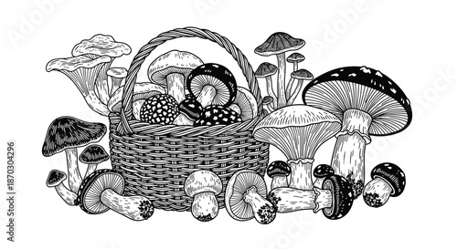 Detailed black and white ink drawing of a wicker basket overflowing with a variety of wild forest mushrooms, in a vintage style.
