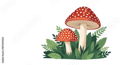Idyllic illustration of two red and white spotted amanita muscaria mushrooms growing in a patch of green grass and foliage.
