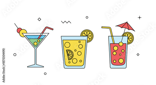 Set of three colorful, stylized summer cocktails in different glasses, garnished with fruit slices, straws, and a small umbrella.