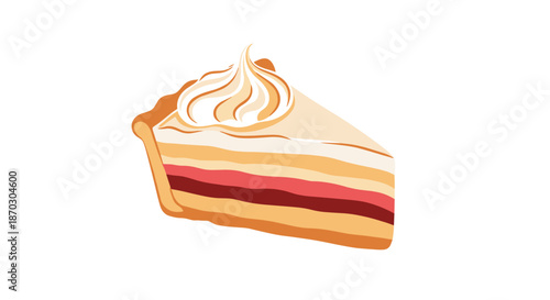 A delicious-looking slice of multi-layered pie with a decorative swirl of whipped cream on top, isolated on a white background.