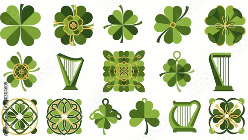 Collection of decorative shamrocks and harps in various green hues and intricate designs on a white background