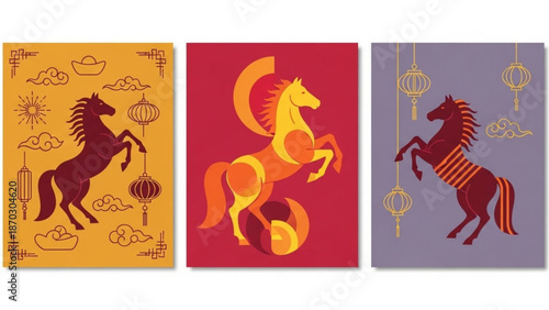 Chinese New Year Lunar New Year Year of the Horse Chinese Year of the Horse, featuring spirited equine illustrations with traditional Lunar New Year symbols and festive elements