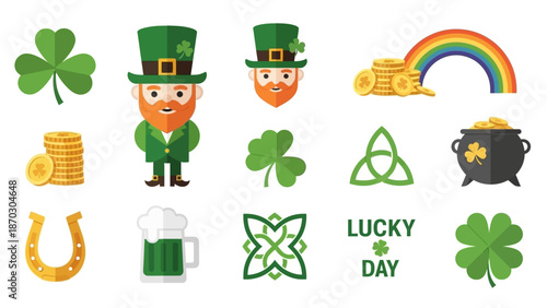 A vibrant collection of St. Patrick's Day symbols and icons, including leprechauns, shamrocks, and pots of gold, arranged in a festive grid layout.