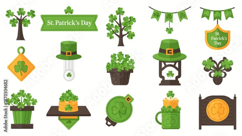 St. Patrick's Day illustrations featuring shamrocks, hats, and festive decorations in a celebratory setting