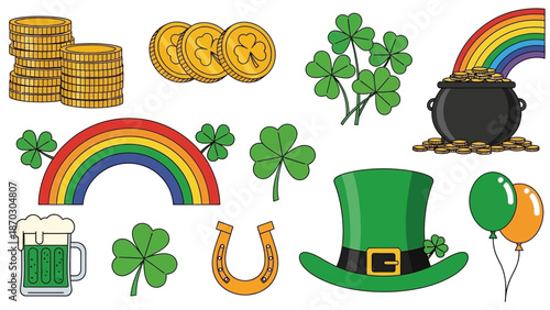 A vibrant collection of St. Patrick's Day symbols and icons arranged in a festive composition.
