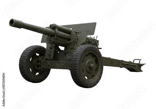 A vintage mid-20th century military howitzer in weathered olive drab, isolated on a transparent studio background. Concept of historical military technology