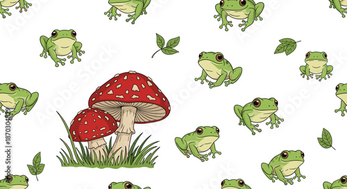Cute and charming seamless pattern featuring little green tree frogs and red amanita mushrooms scattered on a plain white background.