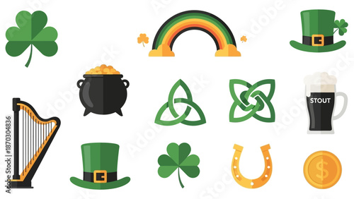 A festive St. Patrick's Day celebration with shamrocks, leprechaun hats, and Celtic symbols