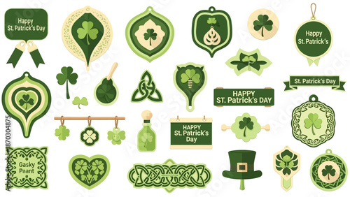Collection of green illustrations for St. Patrick's Day celebrations and decorations displayed on a white background