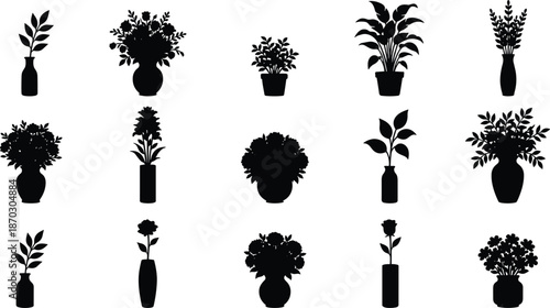 Black flower vase silhouettes vector set, potted plants and floral arrangements, minimal botanical icons isolated on white background illustration design
