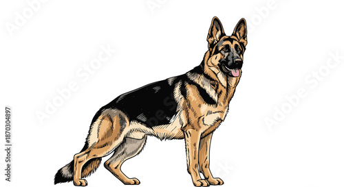 A majestic German Shepherd dog standing in profile, captured in a detailed, hand-drawn, colored sketch illustration style.