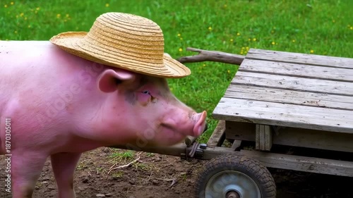 Pink pig wearing a straw hat near a wooden cart