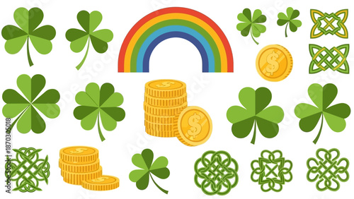 A vibrant collection of Irish symbols including shamrocks, gold coins, and a rainbow on a white background