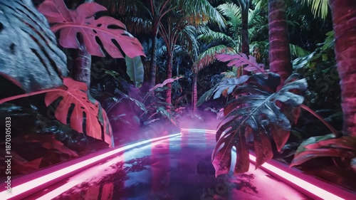 Neon Tropical Passage - A pathway through a jungle scene is illuminated by bright neon lights in pink and blue. Palm trees and large leaves fill the background with a hazy atmosphere.