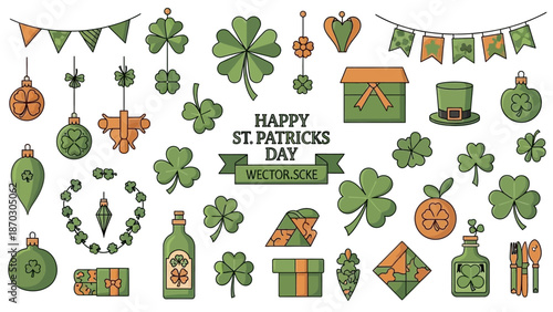 A vibrant collection of St. Patrick's Day illustrations featuring shamrocks, decorations, and festive elements.