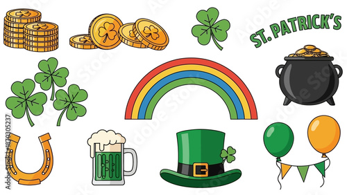 Vibrant St. Patrick's Day celebration elements arranged with rainbow, shamrocks, and festive decorations