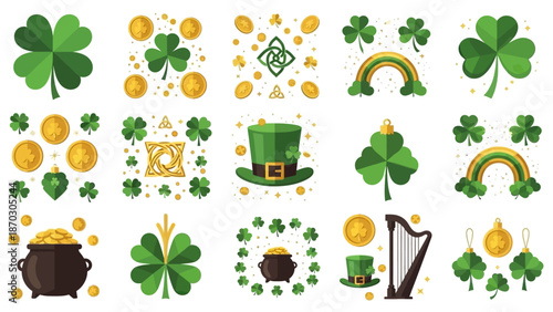 Collection of St. Patrick's Day Symbols and Icons Featuring Shamrocks, Rainbows, and Gold Coins