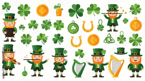 A vibrant collection of St. Patrick's Day icons featuring leprechauns, shamrocks, and gold coins in a festive illustration