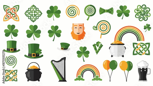 Vibrant St. Patrick's Day Celebration Icons Featuring Leprechaun, Shamrocks, and Rainbow Elements