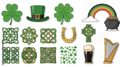 St. Patrick's Day celebration icons and symbols arranged in a festive collage