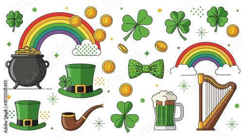 Vibrant St. Patrick's Day icons featuring rainbow, shamrock, and leprechaun hat illustrations