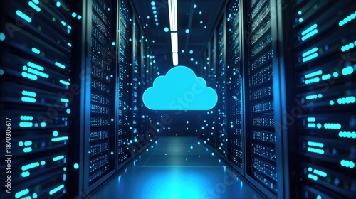 Cloud computing infrastructure inside modern IT data center with glowing cloud icon, secure server racks and digital network flow, ideal for cloud services, hosting platforms and enterprise technology