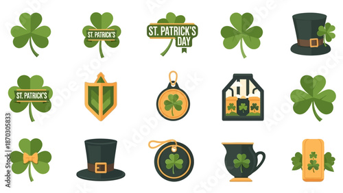Festive Collection of Irish Holiday Symbols and Green Clover Icons for Celebration Design, St