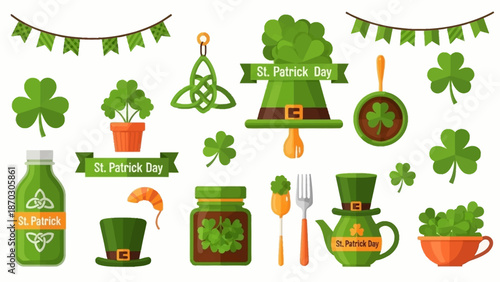 Festive collection of vibrant Irish holiday symbols and traditional celebration elements, featuring lucky green clovers, decorative hats, and charming cultural accents